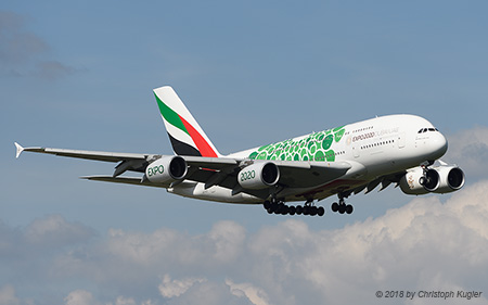 Airbus A380-861 | A6-EEZ | Emirates Airline  |  Expo 2020 Dubai.UAE sticker in green | Z&UUML;RICH (LSZH/ZRH) 04.09.2018